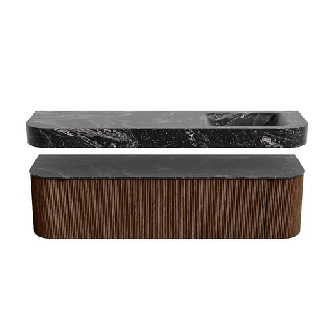 MONDIAZ THOR-DLUX 170cm badmeubel ronding links + rechts kleur Walnut met 1 lade en 2 deuren. Vrijhangende wastafel CLOUD Rechts 1 kraangat kleur Lava. SW1465599