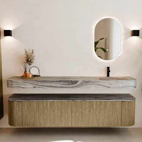 MONDIAZ THOR-DLUX 200cm meuble de salle de bains arrondi gauche + droite couleur Dusk avec 2 tiroirs et 2 portes. Vasque suspendue CLOUD Droite 1 trou de robinet couleur Sombra. SW1467275