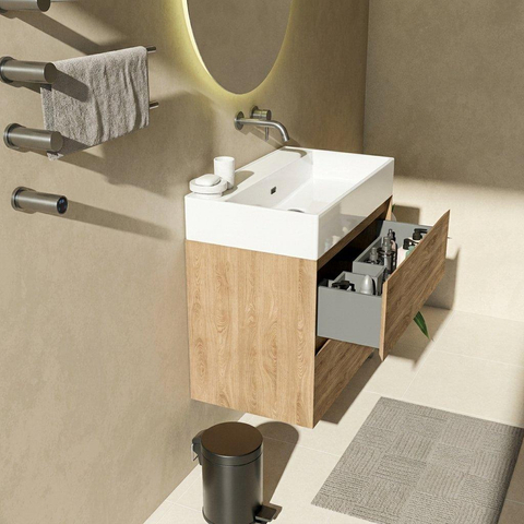 Saniclass Holz Pure Badkamermeubelset - 80x45x72cm - Legend keramische wastafel mat wit - 1 wasbak - zonder kraangat - 2 lades - mat eiken natural (hout) SW1580143