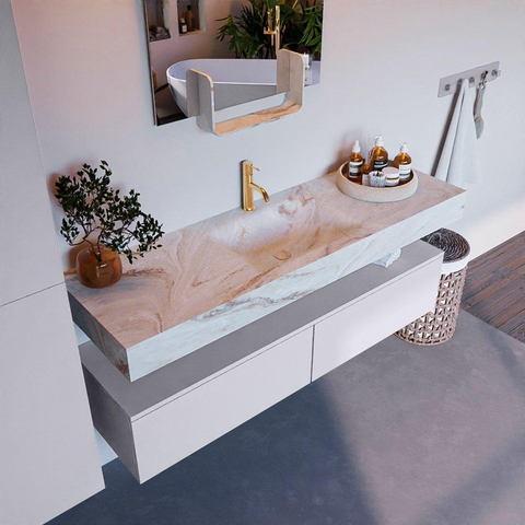 Mondiaz ALAN-DLUX Ensemble de meuble - 150cm - meuble Cale mat - 2 tiroirs - Lavabo Cloud Frappe suspendu - vasque Centre - 1 trou de robinet SW805327