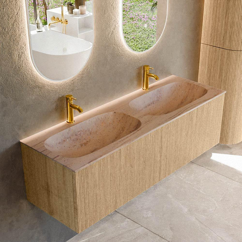 MONDIAZ KURVE-DLUX Meuble de salle de bains 140cm couleur Oak avec 2 tiroirs et 0 portes. Lavabo STOR SMALL Double 2 trous de robinet Saba. SW1433123