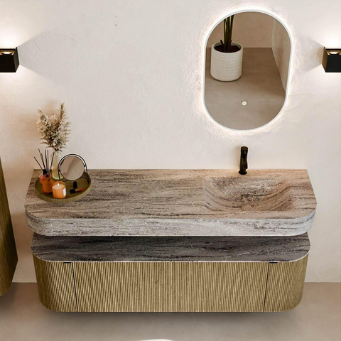 MONDIAZ THOR-DLUX 160cm meuble de salle de bains arrondi gauche + droite couleur Dusk avec 1 tiroir et 2 portes. Vasque suspendue CLOUD Droite 1 trou de robinet couleur Oza. SW1465308