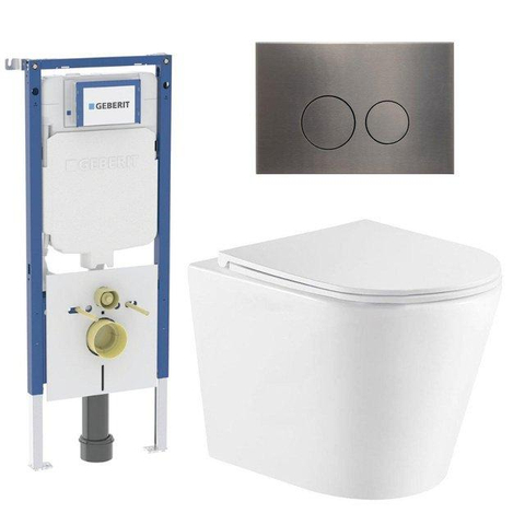 QeramiQ Dely Toiletset - 36.3x51.7cm - Geberit UP720 inbouwreservoir - rimless - diepspoel - zitting - softclose - bedieningsplaat gunmetal - ronde knoppen - glans wit SW1428253