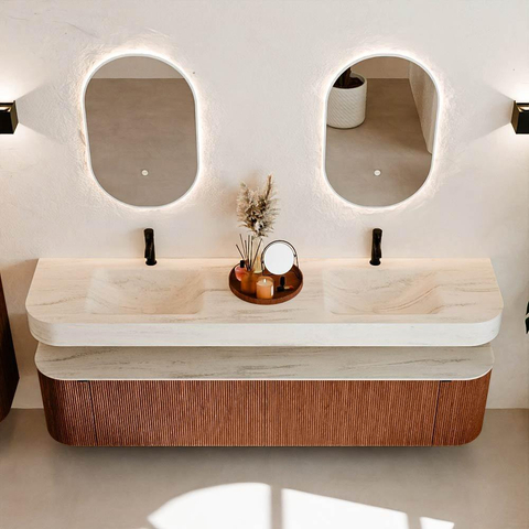 MONDIAZ THOR-DLUX 200cm meuble de salle de bains arrondi gauche + droite couleur Ruby avec 2 tiroirs et 2 portes. Vasque suspendue CLOUD Double 2 trous de robinet couleur Meli. SW1467139
