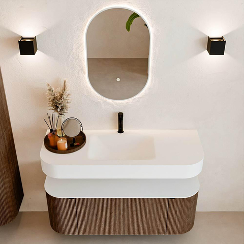 MONDIAZ THOR 120cm badmeubel ronding links + rechts kleur Walnut met 1 lade en 2 deuren. Vrijhangende wastafel CLOUD Midden 1 kraangat kleur Talc. SW1463202