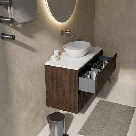 Saniclass Holz Atelier Ensemble de meubles de salle de bains - 100x45x62.5cm - Plan de toilette Torino en solid surface blanc - sans trou de robinetterie - 2 tiroirs - chêne charcoal mat (bois) SW1478701