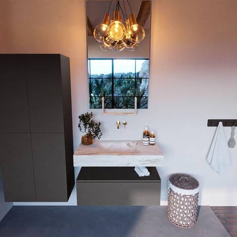 Mondiaz ALAN-DLUX Ensemble de meuble - 90cm - meuble Dark grey mat - 1 tiroir - Lavabo Cloud Frappe suspendu - vasque Centre - 0 trous de robinet SW804793