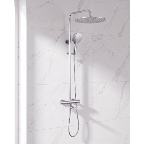 Fortifura Calvi Regendoucheset - thermostatisch - 30cm hoofddouche - metalen slang - ronde handdouche - draaibare baduitloop - chroom SW1592495
