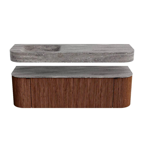 MONDIAZ THOR-DLUX 150cm badmeubel ronding links + rechts kleur Ruby met 1 lade en 2 deuren. Vrijhangende wastafel CLOUD Links zonder kraangat kleur Oza. SW1464656