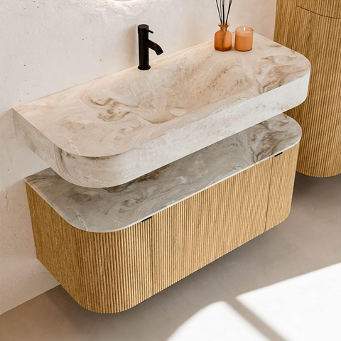 MONDIAZ THOR-DLUX 110cm badmeubel ronding links + rechts kleur Oak met 1 lade en 2 deuren. Vrijhangende wastafel CLOUD Midden 1 kraangat kleur Frappe. SW1462735