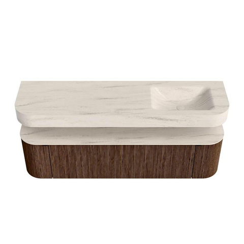 MONDIAZ THOR-DLUX 170cm meuble de salle de bains arrondi gauche + droite couleur Walnut avec 1 tiroir et 2 portes. Vasque suspendue CLOUD Droite 1 trou de robinet couleur Meli. SW1465745