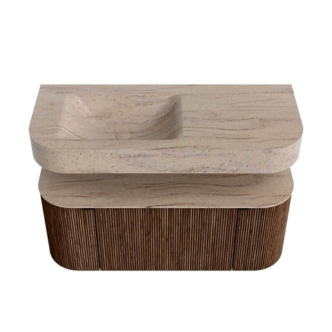 MONDIAZ THOR-DLUX 110cm meuble de salle de bains arrondi gauche + droite couleur Walnut avec 1 tiroir et 2 portes. Vasque suspendue CLOUD Gauche sans trou de robinet couleur Saba. SW1463031