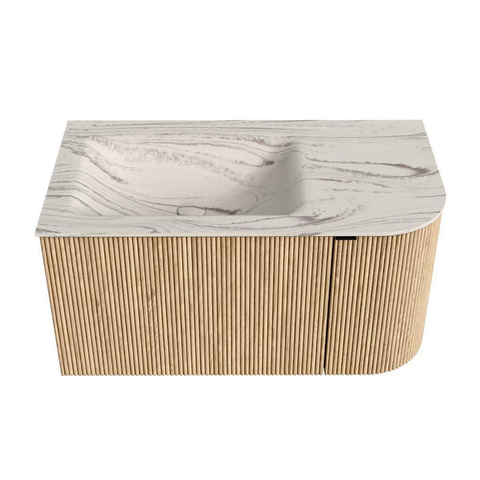 MONDIAZ KURVE-DLUX meuble de salle de bains 85cm arrondi à droite couleur chêne avec 1 tiroir et 1 porte. Lavabo CLOUD à gauche 1 trou de robinet Nata. SW1432054