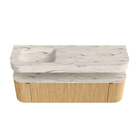 MONDIAZ THOR-DLUX 160cm meuble de salle de bains arrondi gauche + droite couleur Oak avec 1 tiroir et 2 portes. Vasque suspendue CLOUD Gauche 1 trou de robinet couleur Nata. SW1465448