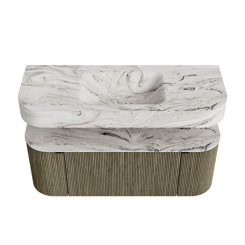 MONDIAZ THOR-DLUX 120cm meuble de salle de bains arrondi gauche + droite couleur Shadow avec 1 tiroir et 2 portes. Vasque suspendue CLOUD Milieu 1 trou de robinet couleur Glace. SW1463159