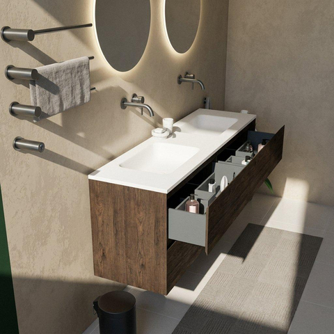Saniclass Holz Pure Badkamermeubelset - 160x45x77.5cm - Torino solid surface wastafel wit - zonder kraangat - 4 lades - mat eiken charcoal (hout) SW1478693