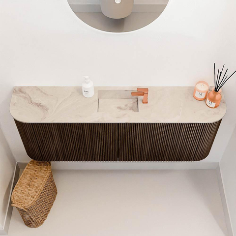 Mondiaz JOYA-DLUX 113.2cm toiletmeubel - ronding links en rechts kleur Walnut - Wastafel FAYE positie Midden 1 kraangat kleur Frappe. SW1422340