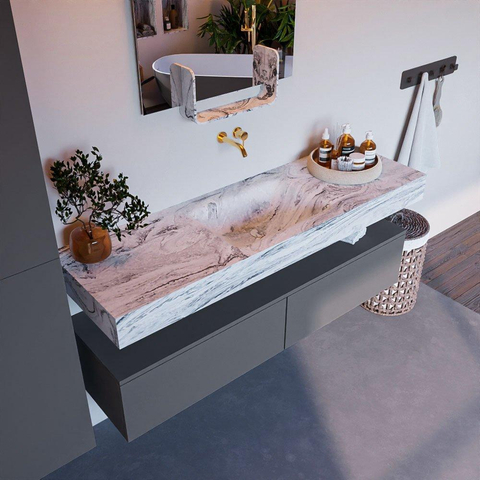 Mondiaz ALAN-DLUX Ensemble de meuble - 150cm - meuble Plata mat - 2 tiroirs - Lavabo Cloud Glace suspendu - vasque Centre - 0 trous de robinet SW806207