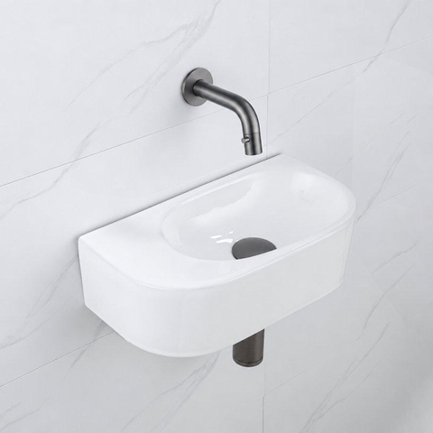 QeramiQ Fuente fonteinset – halfrond – 40x21.5x12 cm – keramiek wit glans – zonder kraangat – kraan gunmetal SW1233114