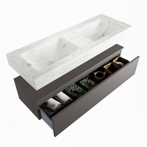 Mondiaz ALAN-DLUX Ensemble de meuble - 130cm - meuble Dark grey mat - 1 tiroir - Lavabo Cloud Opalo suspendu - vasque Gauche et droite - 0 trous de robinet SW806544