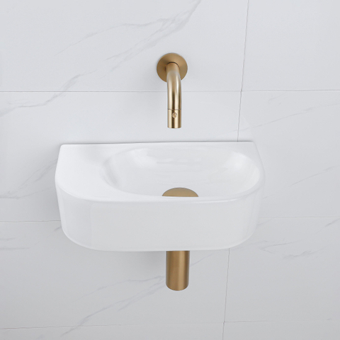QeramiQ Fuente fonteinset – halfrond – 40x21.5x12 cm – keramiek wit glans – geborsteld gouden kraan SW1233106