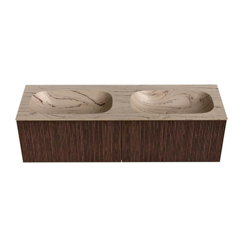 MONDIAZ KURVE-DLUX Meuble de salle de bains 150 cm couleur Walnut avec 2 tiroirs et 0 portes. Plan-vasque STOR SMALL Double sans trou de robinet Arena. SW1431283