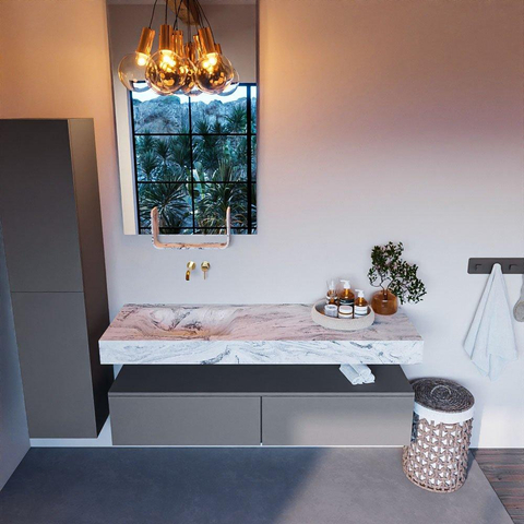 Mondiaz ALAN-DLUX Ensemble de meuble - 150cm - meuble Plata mat - 2 tiroirs - Lavabo Cloud Glace suspendu - vasque Gauche - 0 trous de robinet SW806387