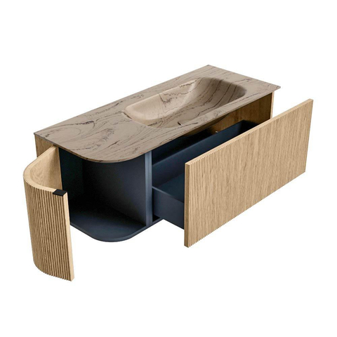 MONDIAZ KURVE-DLUX 115cm badmeubel ronding Links kleur Oak met 1 lade en 1 deur. Wastafel BIG SMALL Rechts zonder kraangat Arena. SW1431110