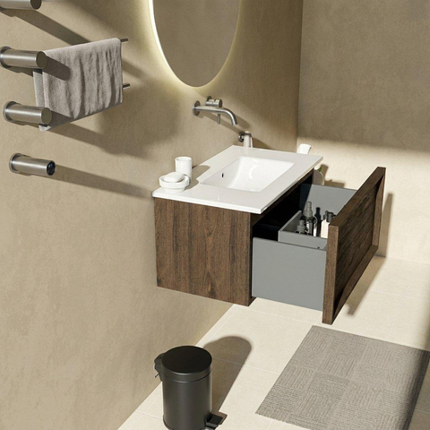 Saniclass Holz Frame Ensemble meuble de salle de bains - 80x45x42cm - Vygo lavabo en céramique blanc - 1 vasque - sans trou de robinet - 1 tiroir - chêne charcoal mat (bois) SW1437762
