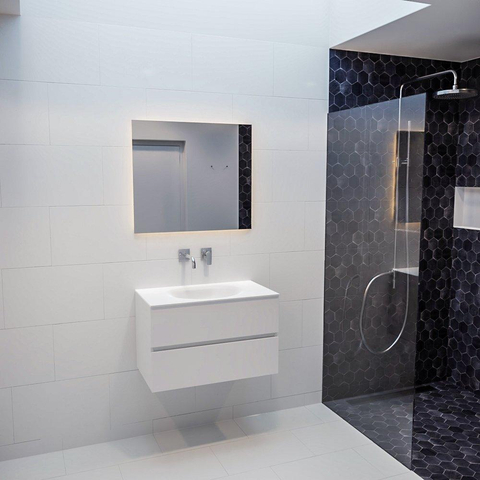 ENSEMBLE DE MEUBLE MONDIAZ VICA - 80cm - 2 tiroirs - lavabo Moon central - 0 trous de robinet - solid surface talc SW409707