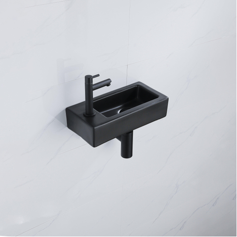 QeramiQ Fuente pack lave-mains – 37,5 x 18,5 x 9 cm – céramique noir mat – perçage à gauche – robinet noir mat SW1232731