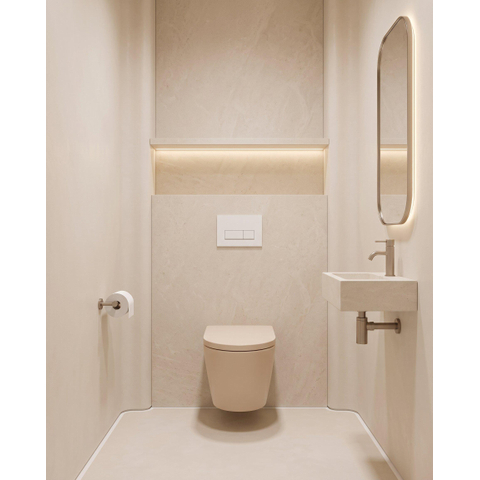 QeramiQ Dely Toiletset - 36.3x51.7cm - diepspoel - rimless - Geberit UP320 inbouwreservoir - softclose toilet zitting - 35mm - glans witte bedieningsplaat - rechthoekige knoppen - mat beige SW1236510