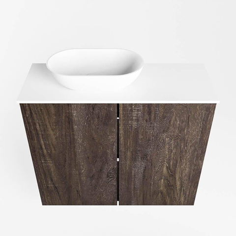 Meuble de toilette Mondiaz Fowy 60x50x23cm marron foncé mat 0 trou de robinet lavabo : gauche 2 portes solid surface avec plan Melamine couleur lavabo : blanc SW761366