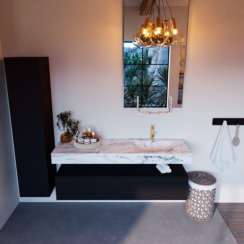 Mondiaz ALAN-DLUX Ensemble de meuble - 150cm - meuble Urban mat - 1 tiroir - Lavabo Cloud Glace suspendu - vasque Droite - 1 trou de robinet SW805367