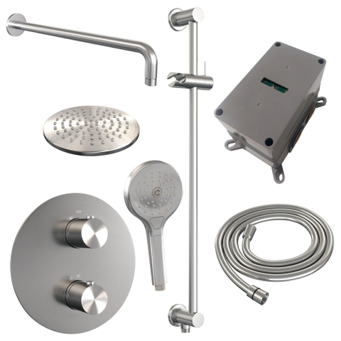 BRAUER Brushed Edition thermostatische Inbouw Regendouche - 3-weg - rond - set 93 - 20cm hoofddouche - gebogen muurarm - 3-standen handdouche - doucheslang - geïntegreerde glijstang - RVS geborsteld PVD SW1159183