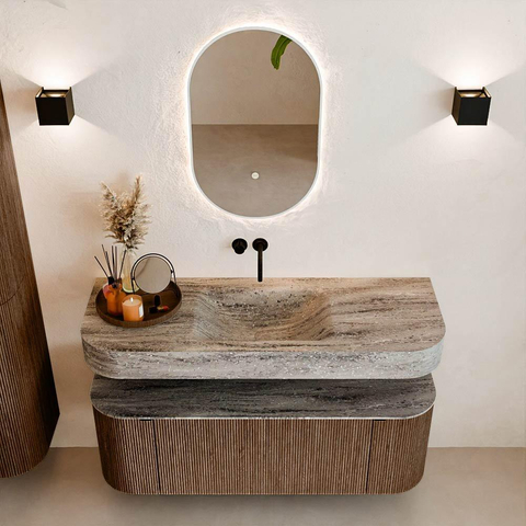 MONDIAZ THOR-DLUX Meuble de salle de bains 130cm arrondi gauche + droite couleur Walnut avec 1 tiroir et 2 portes. Vasque suspendue CLOUD Centre sans trou de robinet couleur Oza. SW1467658