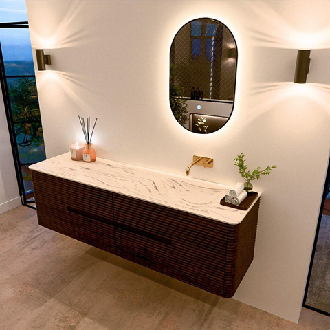 Mondiaz CIRO-DLUX Meuble de salle de bains - 170x45x50cm - vasque solid surface Nata - 1 lavabo à droite - sans trous de robinet - 4 tiroirs - Noyer SW1530619