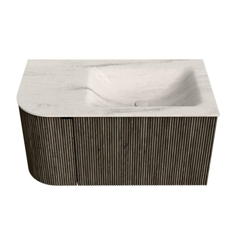 MONDIAZ KURVE-DLUX 85cm badmeubel ronding Links kleur Shadow met 1 lade en 1 deur. Wastafel CLOUD Rechts zonder kraangat Meli. SW1431749