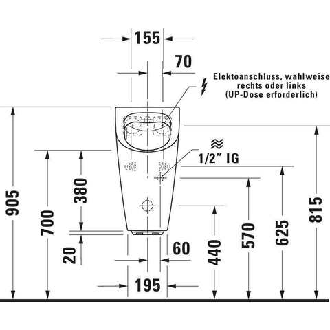 Duravit Me by starck Urinoir - spoelrandloos elektronisch - met netvoeding - zonder vlieg - 30x35cm - inclusief complete sturing en bevestiging - met wondergliss - wit SW84207