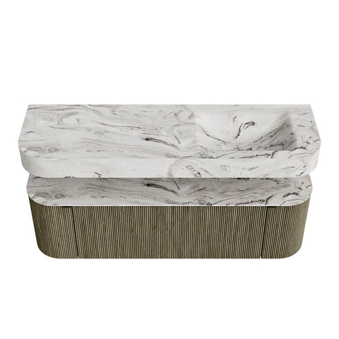 MONDIAZ THOR-DLUX 150cm meuble de salle de bains arrondi gauche + droite couleur Shadow avec 1 tiroir et 2 portes. Vasque suspendue CLOUD droite sans trou de robinet couleur Glace. SW1464739