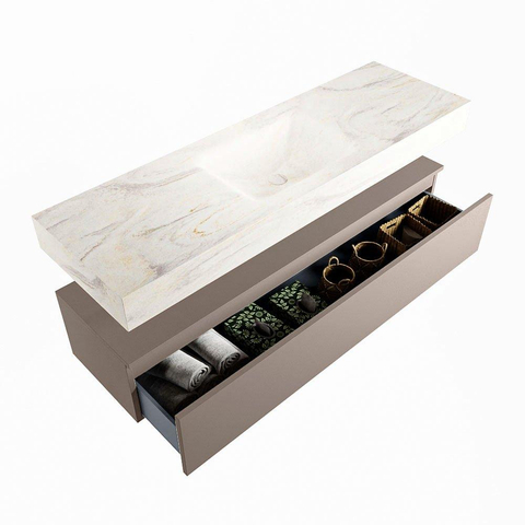 Mondiaz ALAN-DLUX Ensemble de meuble - 150cm - meuble Smoke mat - 1 tiroir - Lavabo Cloud Ostra suspendu - vasque Centre - 1 trou de robinet SW807471