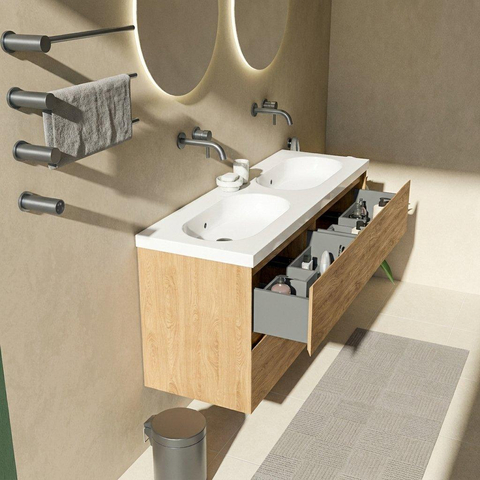 Saniclass Holz Pure Badkamermeubelset - 140x45x63.5cm - Palermo keramische wastafel wit - 2 wasbakken - zonder kraangaten - 4 lades - mat eiken natural (hout) SW1580126