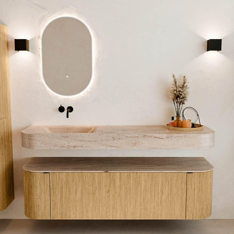 MONDIAZ THOR-DLUX 160cm meuble de salle de bains arrondi gauche + droite couleur Oak avec 1 tiroir et 2 portes. Vasque suspendue CLOUD Gauche sans trou de robinet couleur Saba. SW1465332