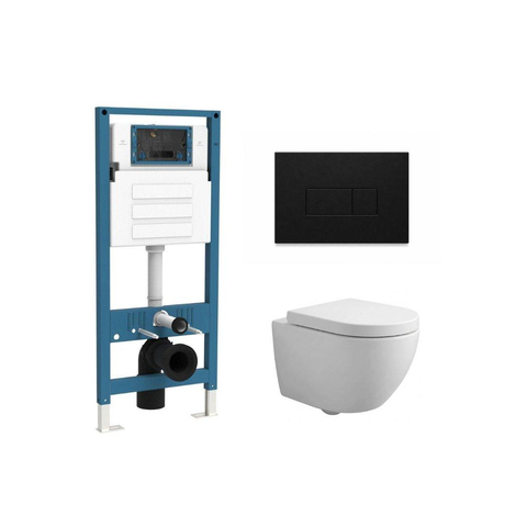 QeramiQ Dely Swirl Ensemble WC Compact - réservoir encastré QeramiQ flush - abattant 25 mm - plaque de commande en métal noir mat - boutons rectangulaires - blanc mat SW1590807