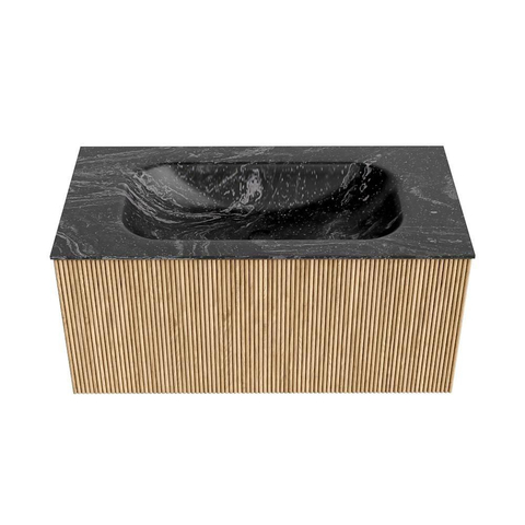MONDIAZ KURVE-DLUX Meuble de salle de bains 90 cm couleur Oak avec 1 tiroir. Lavabo BIG SMALL central 1 trou de robinet couleur Lava. SW1138108