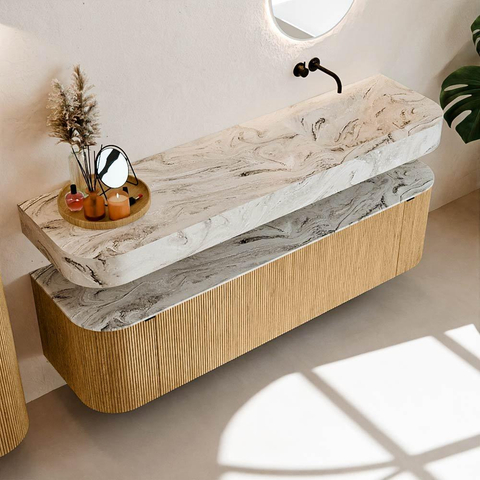 MONDIAZ THOR-DLUX 170cm badmeubel ronding links + rechts kleur Oak met 1 lade en 2 deuren. Vrijhangende wastafel CLOUD Rechts zonder kraangat kleur Glace. SW1465419