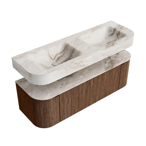 MONDIAZ THOR-DLUX 140cm meuble de salle de bains arrondi gauche + droite couleur Walnut avec 1 tiroir et 2 portes. Vasque suspendue CLOUD Double sans trou de robinet couleur Frappe. SW1419632