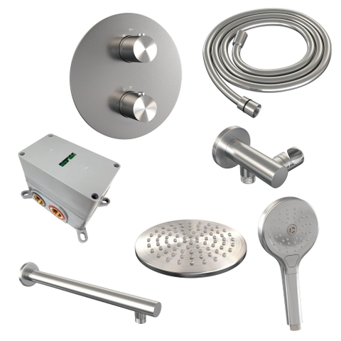 BRAUER Édition Brossée douche à effet pluie thermostatique encastrée - 3 voies - rond - ensemble 79 - douche principale de 20 cm - bras mural droit - douchette à main 3 positions - flexible de douche - coude mural - inox brossé PVD SW1159151