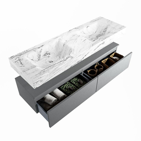Mondiaz ALAN-DLUX Ensemble de meuble - 150cm - meuble Plata mat - 2 tiroirs - Lavabo Cloud Glace suspendu - vasque Gauche et droite - 0 trous de robinet SW806133