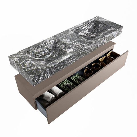 Mondiaz ALAN-DLUX Ensemble de meuble - 150cm - meuble Smoke mat - 1 tiroir - Lavabo Cloud Lava suspendu - vasque gauche et droite - 0 trous de robinet SW808205